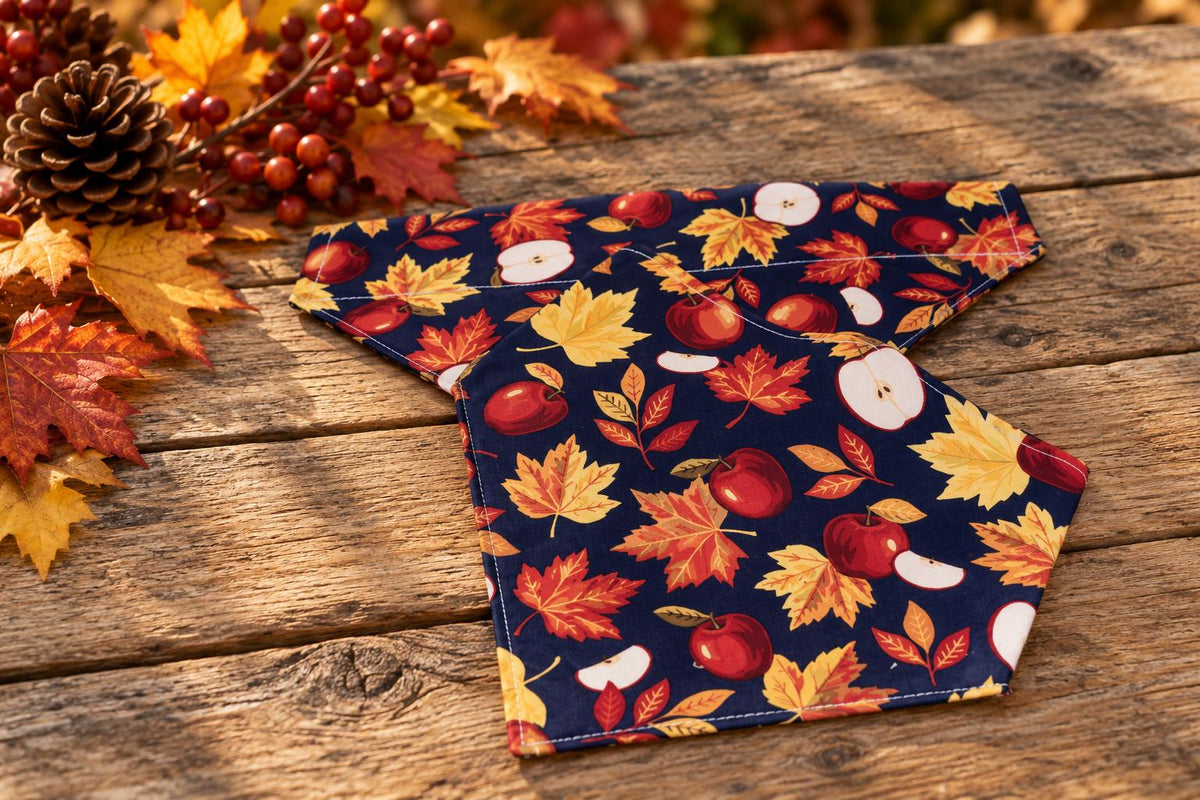 Fall Apple Dog Bandana: Reversible Cotton Pet Scarf (Optional Scrunchie)