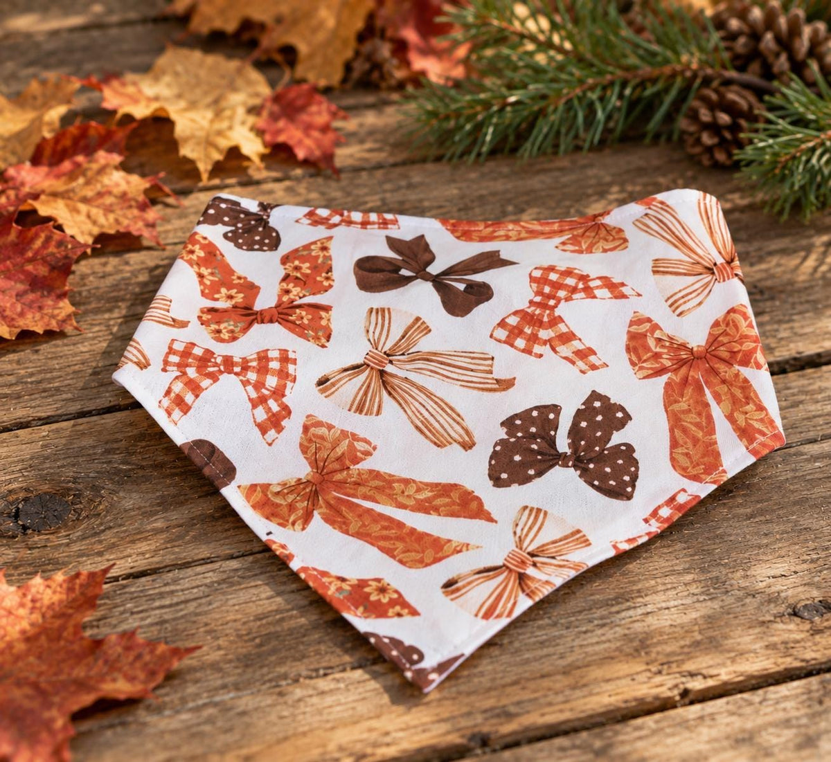 Fall Bow Dog Bandana: Rust Orange Bow Print, W Clip Style