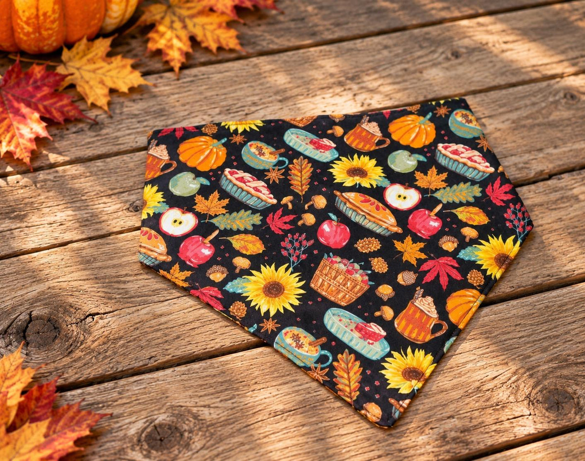 Fall Dog Bandana: Reversible Cotton Pet Scarf (Optional Scrunchie)