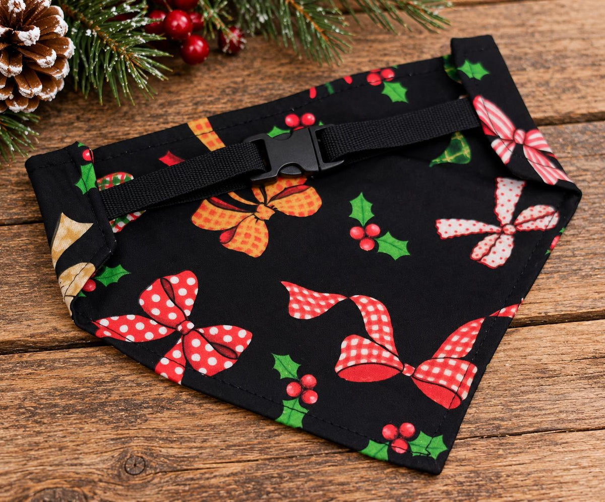 Bowtie Christmas Dog Bandana: Cotton Pet Scarf, Over-the-Collar or Snap, Matching Scrunchies