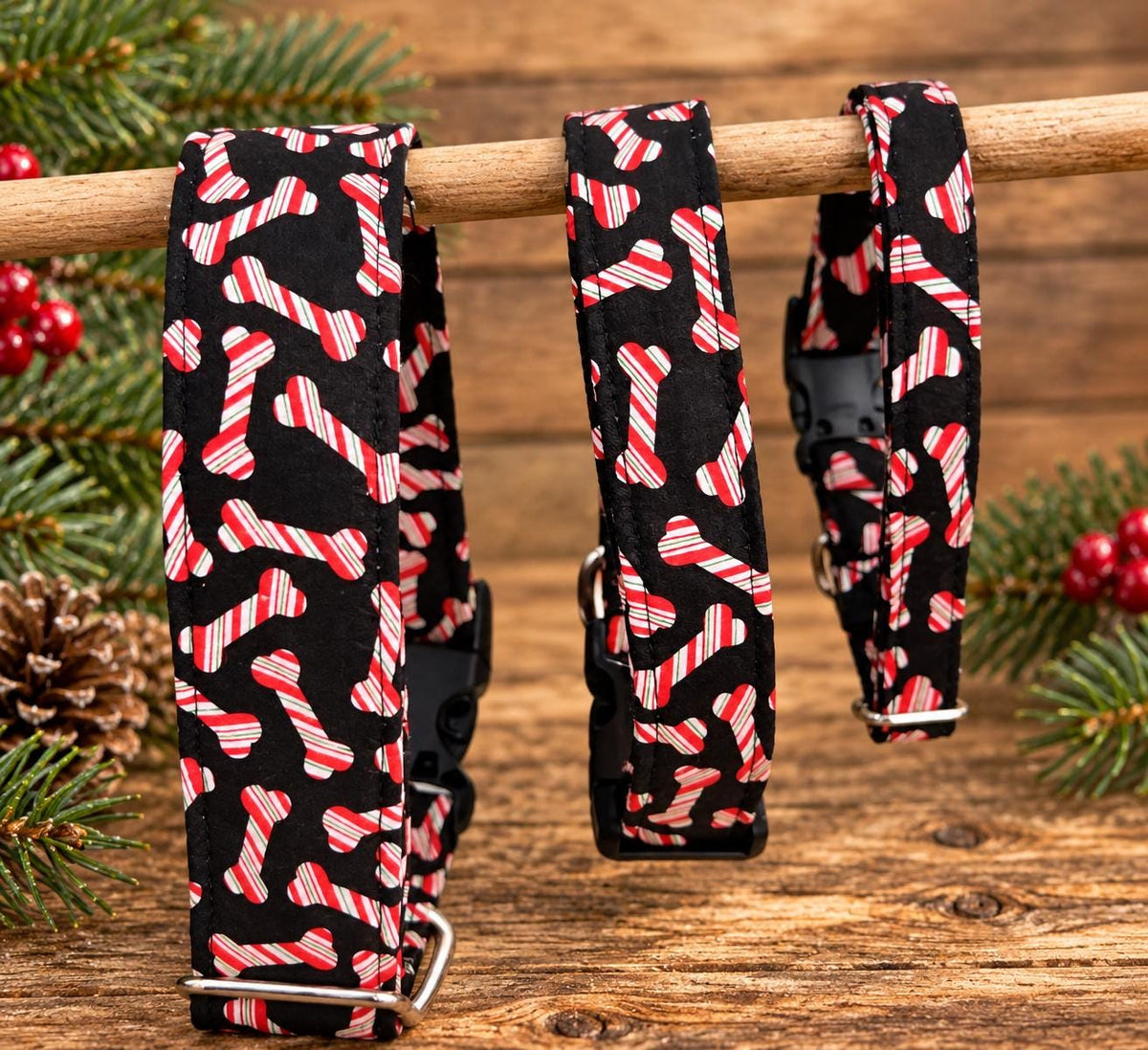 Christmas Peppermint Bone Dog Collar Red and White Striped Bones and Matching Bows