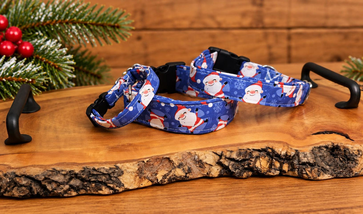 Santa Christmas Dog Collar on Blue Background with Snowflakes with Bows Options