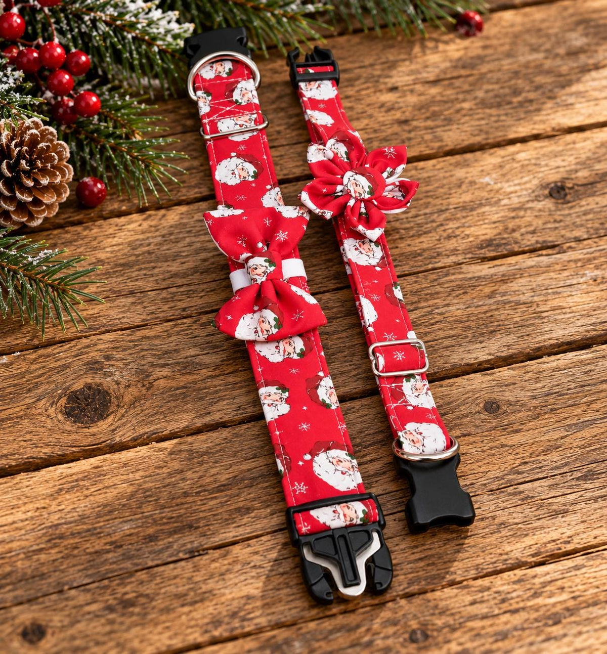 Classic Red Santa Christmas  Dog Collar with Sparkle and Matching Bows