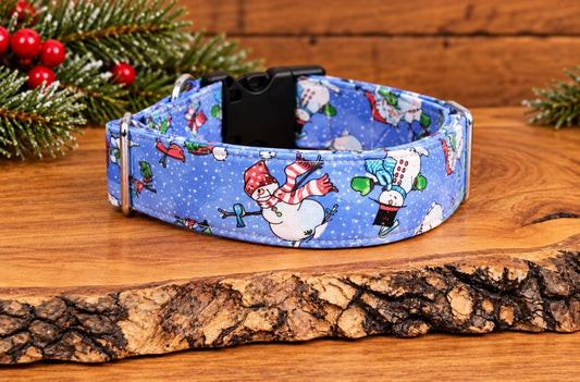 Snowman Christmas Dog Collar on Blue Background with Sparkles with Bows Options