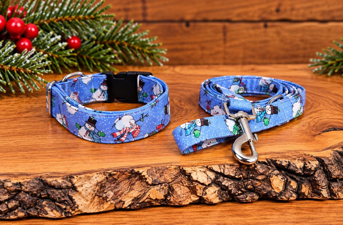 Snowman Christmas Dog Collar on Blue Background with Sparkles with Bows Options