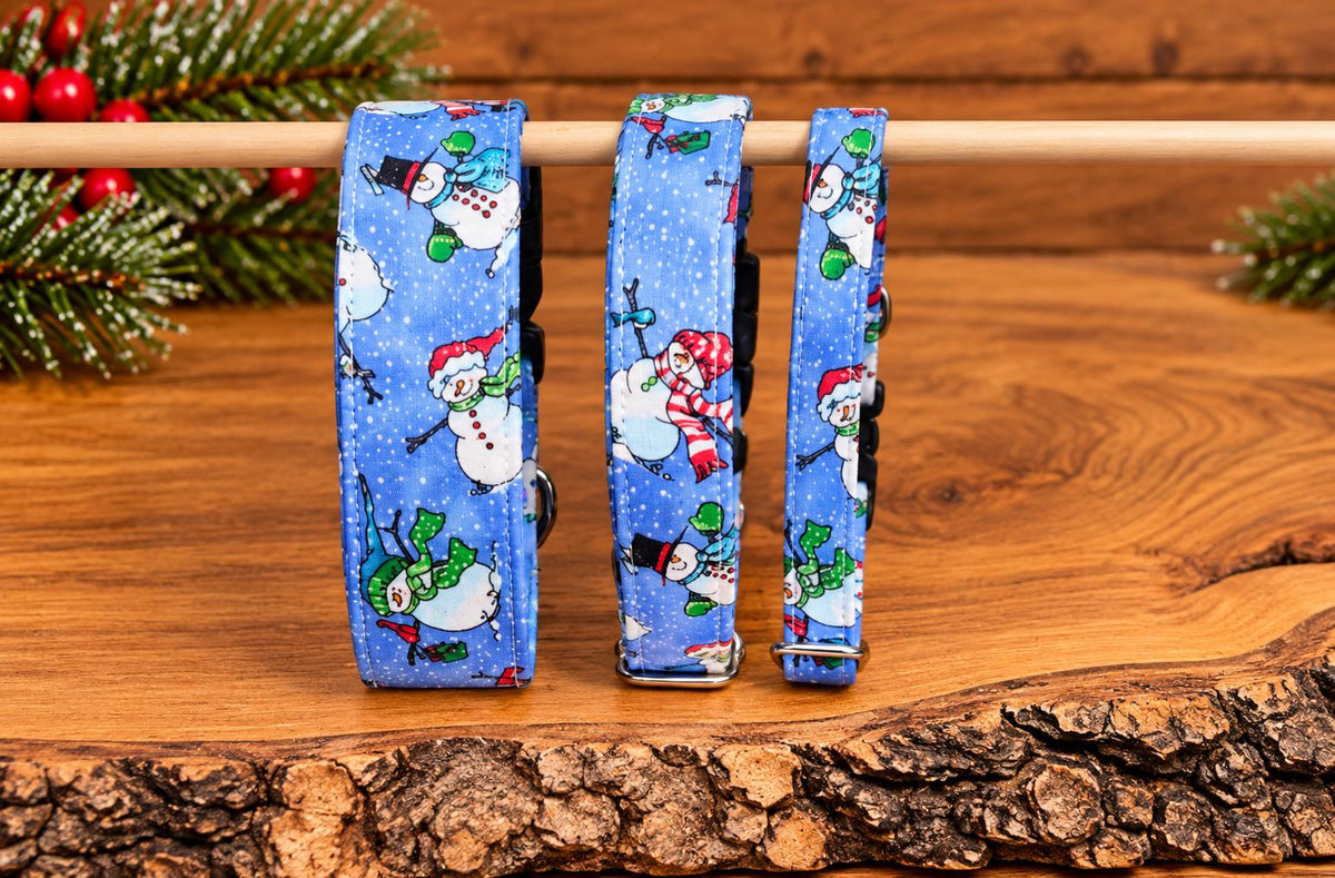 Snowman Christmas Dog Collar on Blue Background with Sparkles with Bows Options