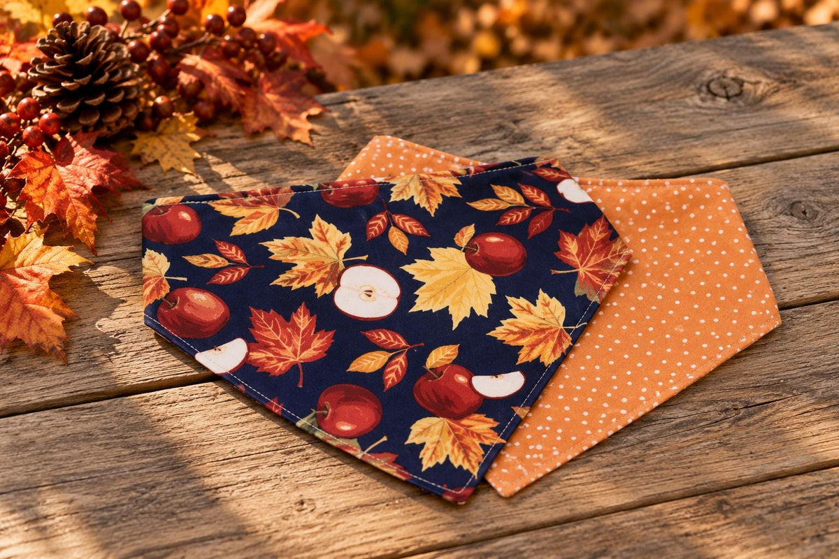 Fall Apple Dog Bandana: Reversible Cotton Pet Scarf (Optional Scrunchie)