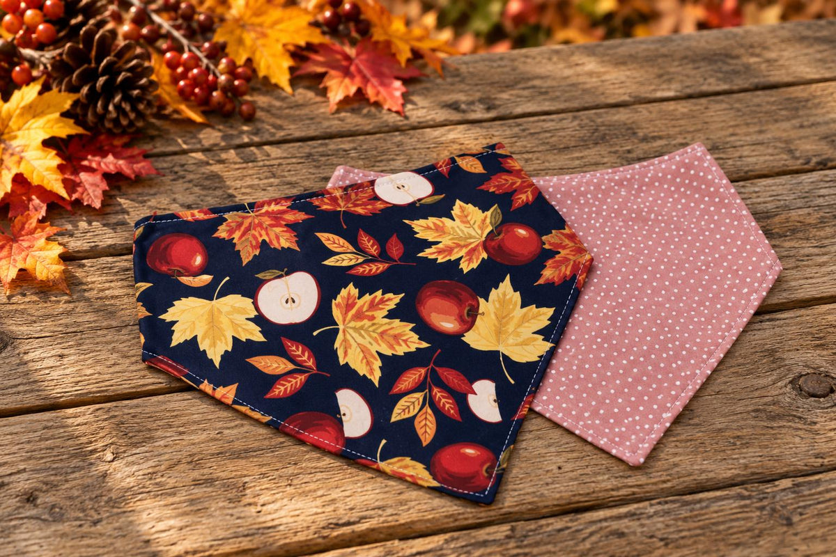 Fall Apple Dog Bandana: Reversible Cotton Pet Scarf (Optional Scrunchie)
